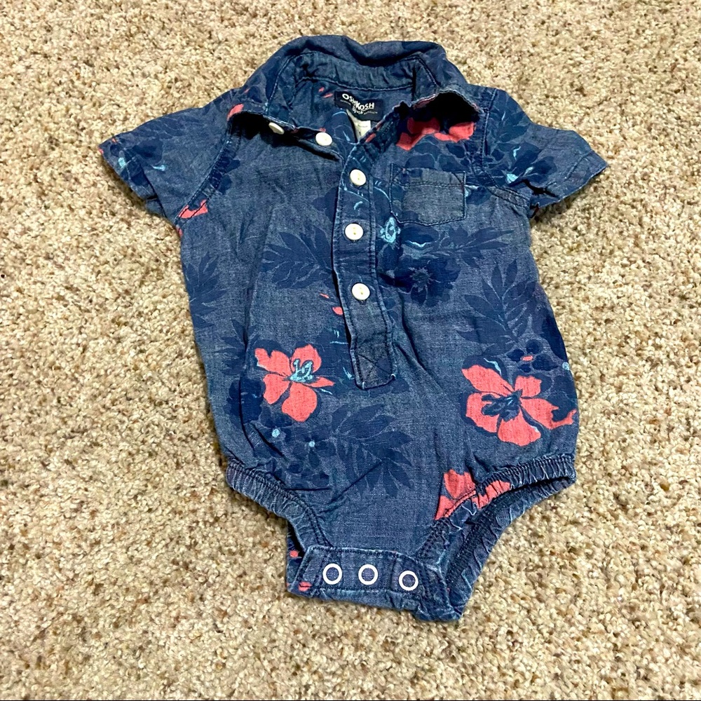 Jean onsie with Hawaiian print. Perfect for vacay or boat days.